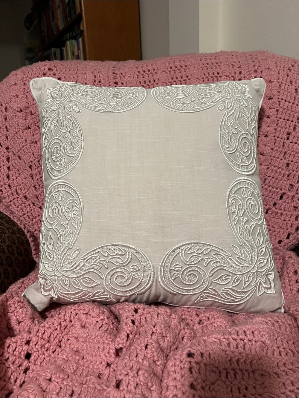 Waterford Cream Embroidered Decorative Pillow with White Stitching